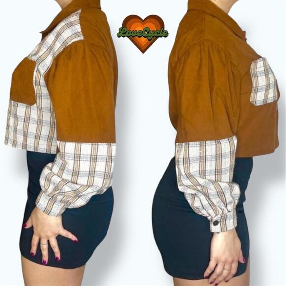 Women’s Cropped Plaid Colorblock Button-Up Jacket w/ Balloon Sleeves – Size S - Picture 1 of 6